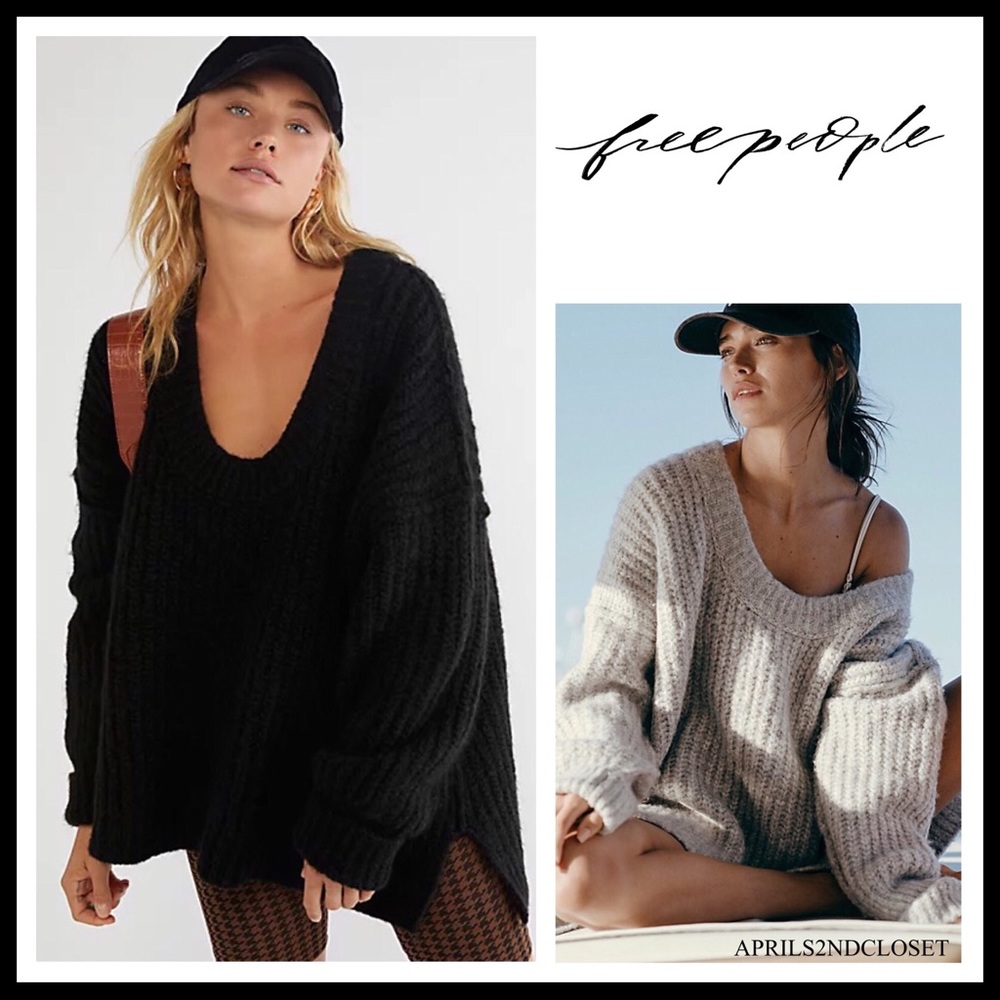 FREE PEOPLE BOHO SWEATER OVERSIZED TUNIC COZY BLACK WINTER PULLOVER A2C - Picture 1 of 13